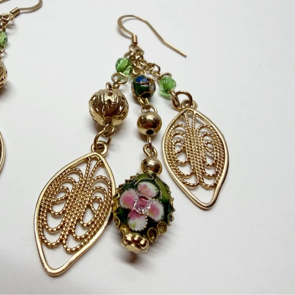 Gold Tone Cloisonne Bead Leaf Hook Dangle Earrings